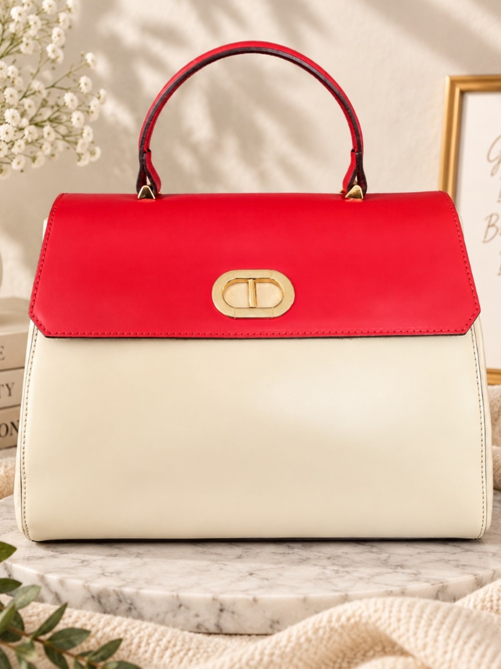 Dee Ocleppo Red Ivory Leather Top Handle Handbag Made in Italy